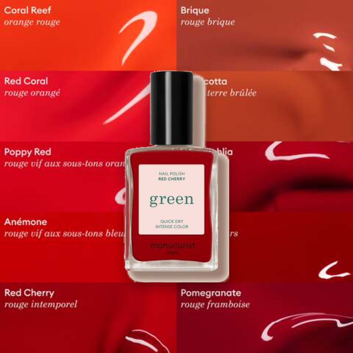 Vernis à ongles Green Manucurist Red cherry sur un fond de sa couleur