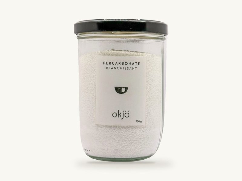 Percarbonate de soude Okjö en bocal en verre de 700 g, couvercle noir